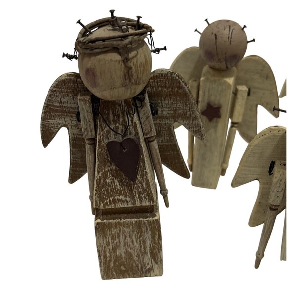 Handcrafted Wooden Angel Brown Figurines Set Of 6 Piece Rustic Finish Halos 4" - Picture 4 of 16